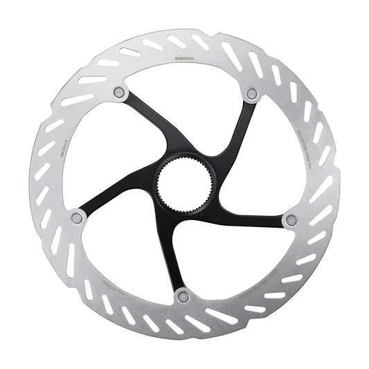 Shimano RT-CL700 203mm disc brake rotor with center-lock for mountain bikes, showing the rotor's detailed surface and mounting hole pattern.