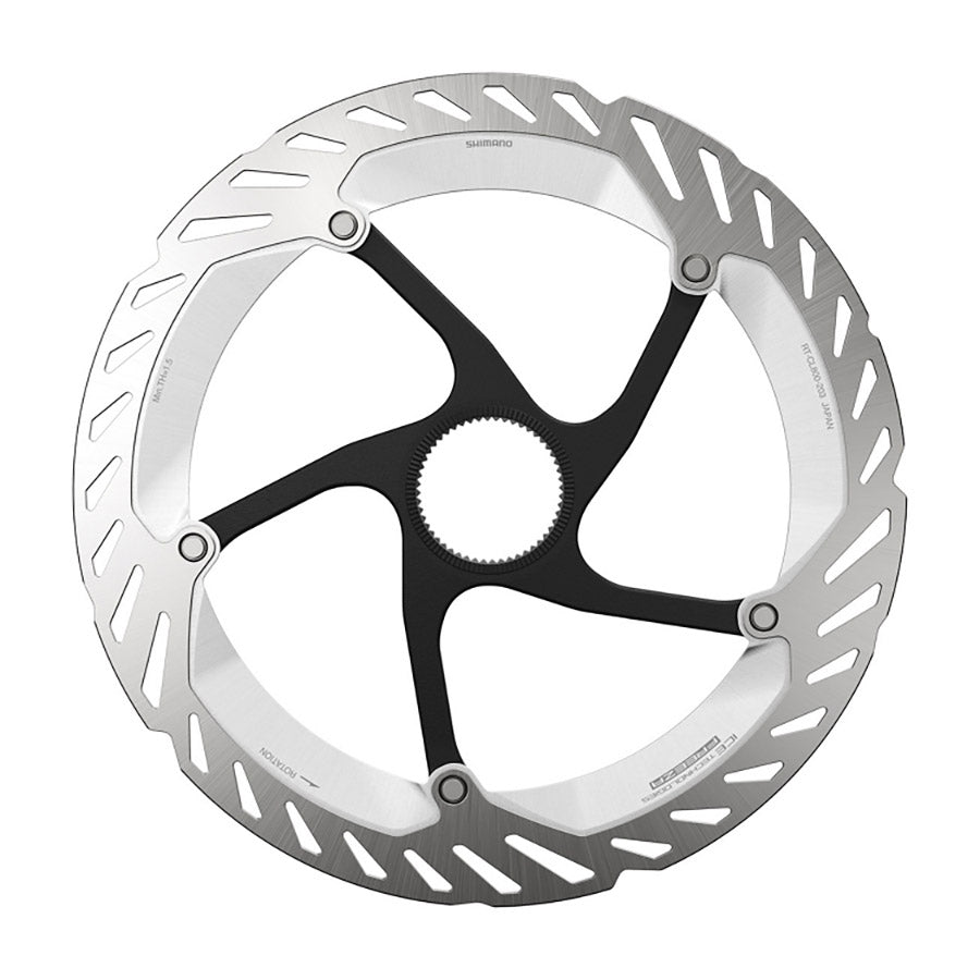 Shimano RT-CL800 disc rotor 160mm center-lock for bike brakes, showing metallic surface and mounting hole details.
