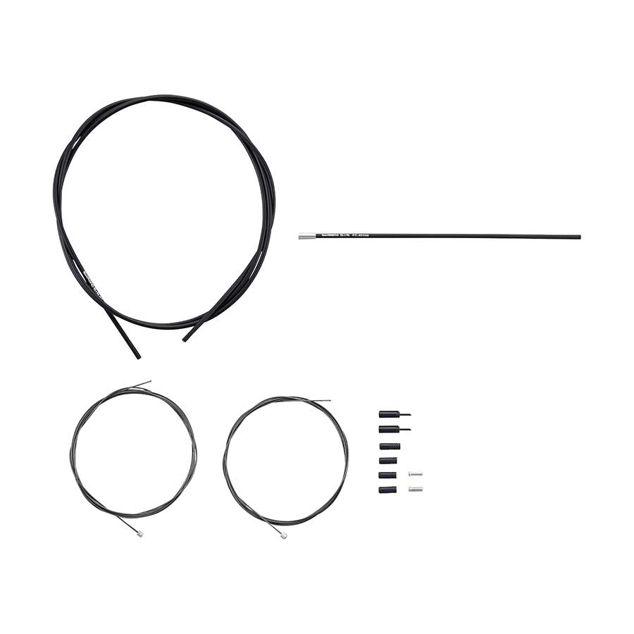 Shimano Shadow Road Shift Cable and Housing Set for bikes, black, includes shifter cable and housing components.