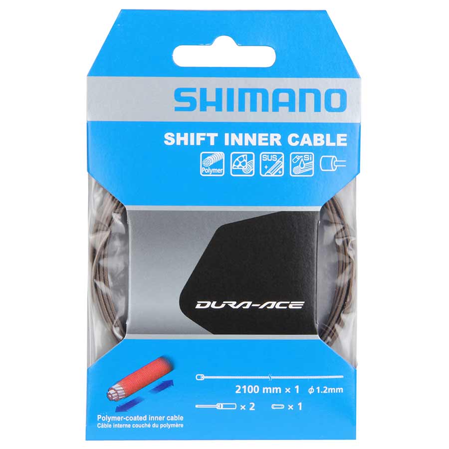 Shimano shifter cable made of stainless steel, 1.2x2100mm length, designed for bike gear shifting systems.