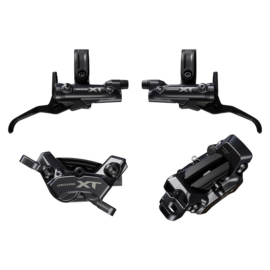 Shimano XT BL-M8200 and BR-M8200 MTB hydraulic disc brake kit with front and rear calipers, black finish, flat mount.