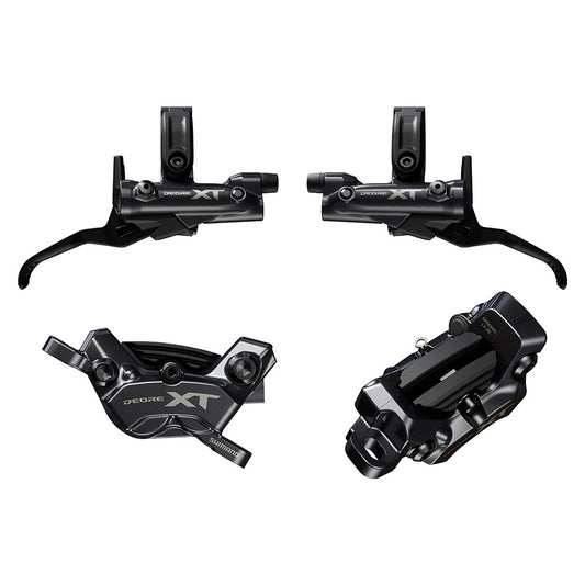 Shimano XT BL-M8200 and BR-M8200 MTB hydraulic disc brake kit with front and rear calipers, black finish, flat mount.