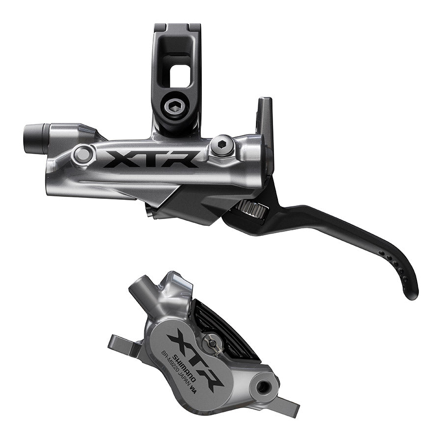 Shimano XTR BL-M9220 and BE-M9220 MTB hydraulic disc brakes set in black, with left-side brake lever and caliper on mountain bike.