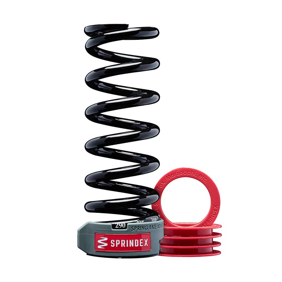 Sprindex shock replacement coil springs in 126x55mm, 380-430lb, black finish, designed for motorcycle suspension.