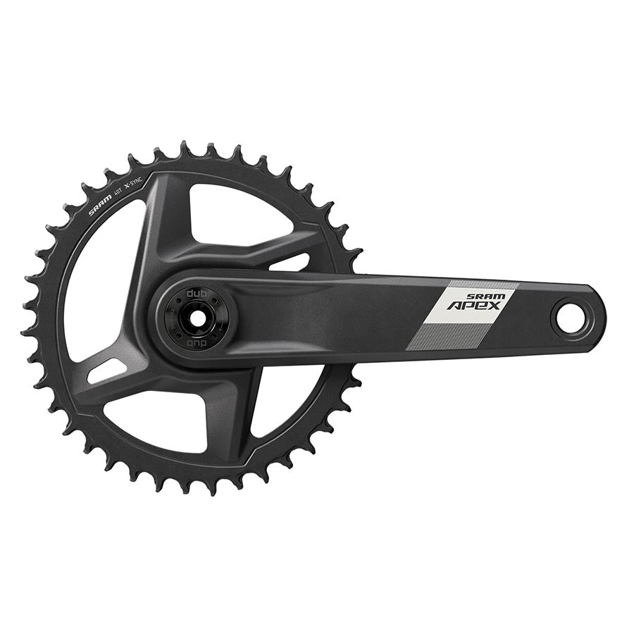 SRAM Apex D1 Wide road and track crankset in black with 40T DUB chainring, 160mm crank length, designed for disc brakes.