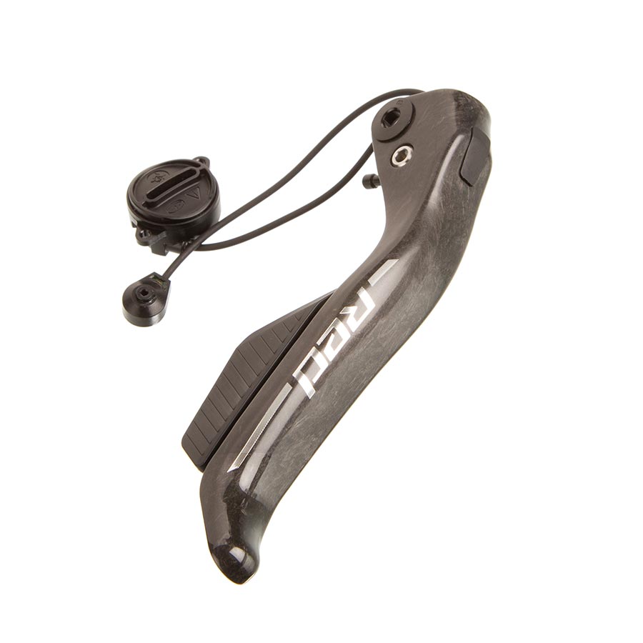 Red SRAM AXS E1 brake lever assembly for bike, showing detailed view of the left brake lever part and its components.