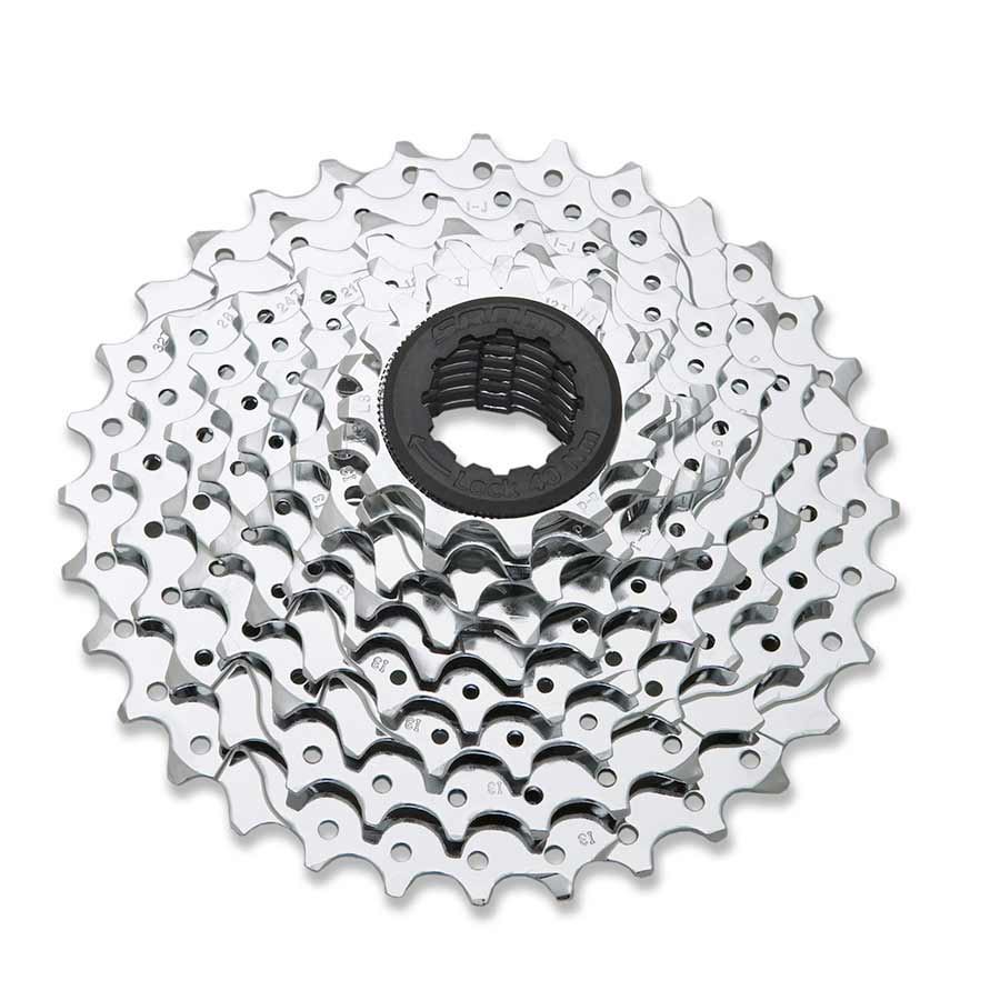 SRAM PG-950 Road cassette with 12-23T gear range, showing individual steel sprockets from 12 to 23 teeth.