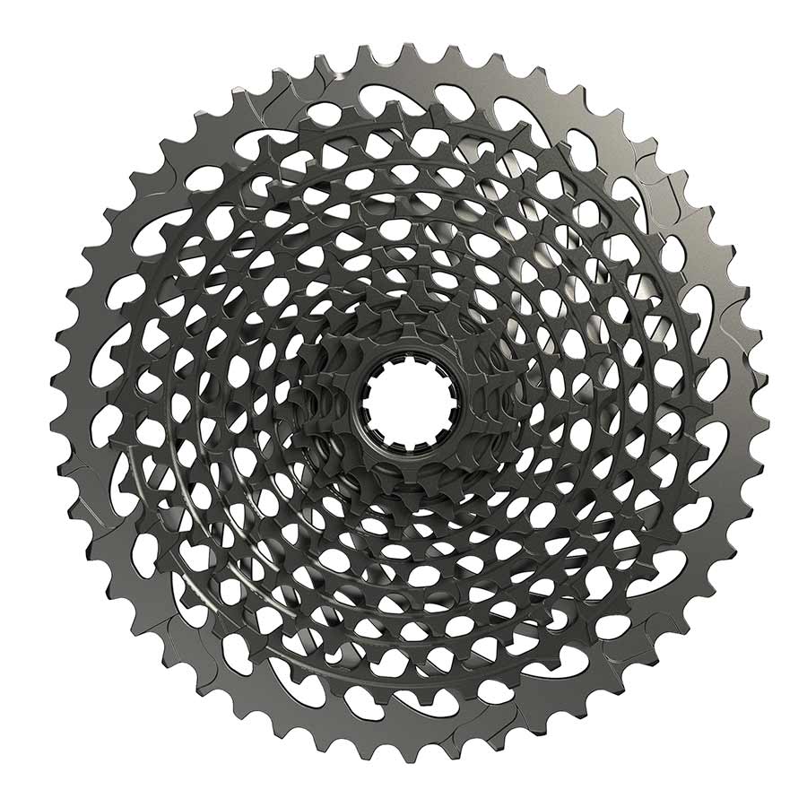 SRAM XG-1295 X01 Eagle 12-speed cassette with 10-50T gears, black metal finish, shown on a bike drivetrain.