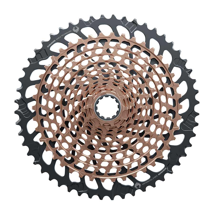 SRAM XG-1299 XX1 Eagle 12-speed cassette with 10-50T gears in gold, designed for mountain bikes and high-performance cycling.