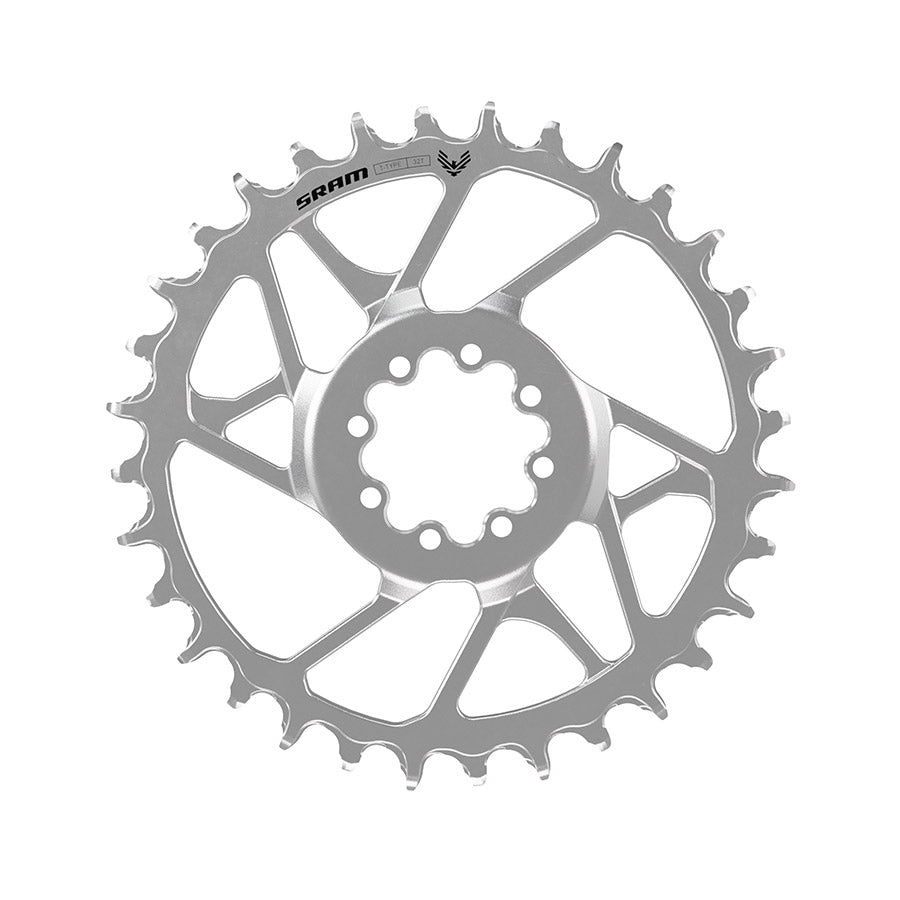SRAM Eagle 90 8-bolt chainring with 12-speed direct mount bolts in silver steel, designed for mountain bike cranksets.