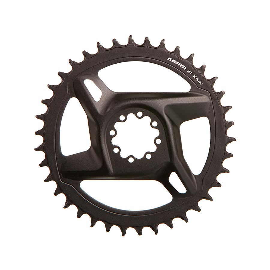 SRAM Rival D1 direct mount chainring, 38-tooth aluminum black chainring for 12-speed drivetrain, shown with mounting holes.