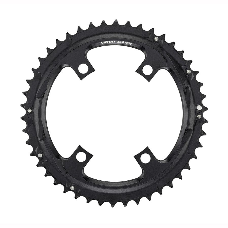 SRAM Road 110mm Asymmetrical Chainrings for 50-Speed 11 BCD, black aluminum, with four outer bolts on a bike drivetrain component.