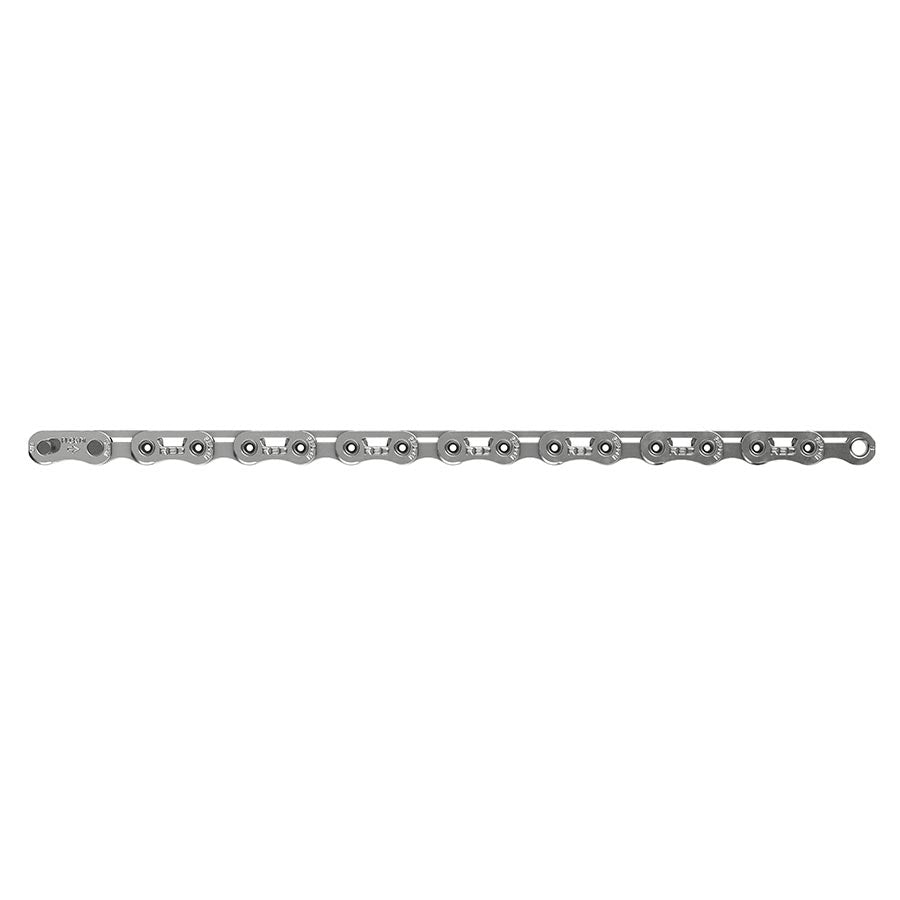 Red SRAM FlatTop E1 bicycle chain with silver accents, showcasing its durable links and sleek design for mountain or road bikes.