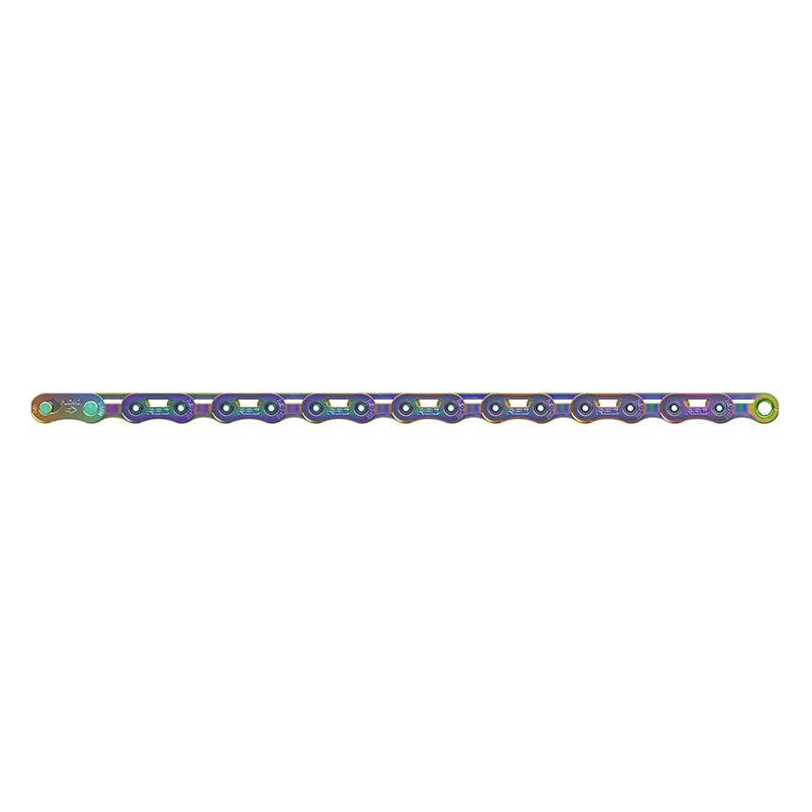 Red SRAM FlatTop E1 chain with silver accents, featuring a flat-top design for enhanced durability and performance.