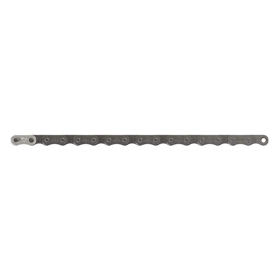Gray SRAM Apex D1 bike chain for enhanced durability and performance, shown in a close-up image.