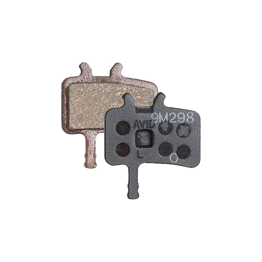 SRAM disc brake pads, 20 sets, metallic type, compatible with Avid Juicy BB7, shown in a close-up of the brake pad shape and packaging.