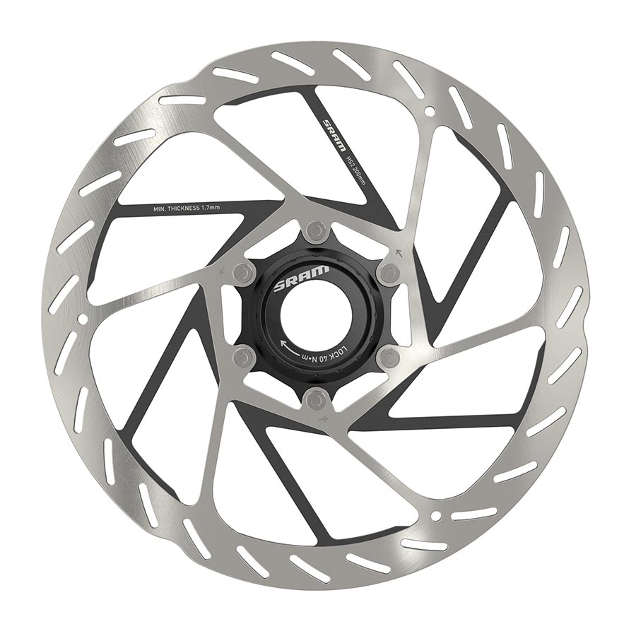 SRAM HS2 Center Lock disc rotor for bikes, 160mm size, with detailed braking surface and mounting holes for disc brake system.