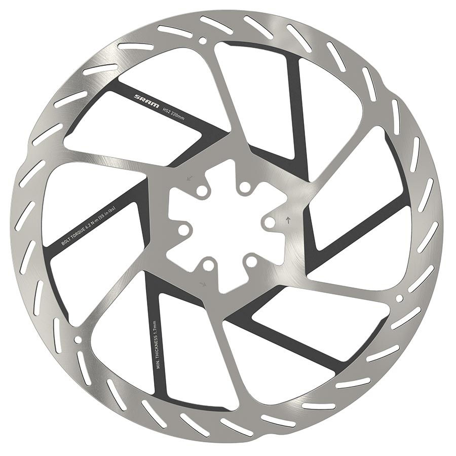 SRAM HS2 6-bolt 160mm disc brake rotor for mountain bikes with stainless steel braking surface and aluminum center hub.