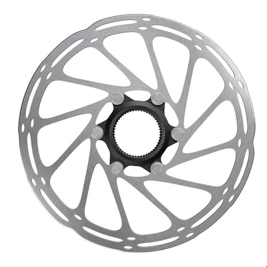 Black SRAM Centerline CenterLock 160mm disc rotor for mountain bike braking systems, showing the rotor with mounting holes.