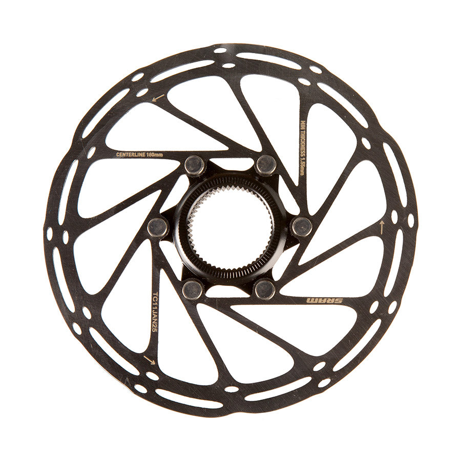 SRAM Centerline CenterLock black disc brake rotor, 160mm diameter, with detailed black finish and mounting holes for bike braking system.
