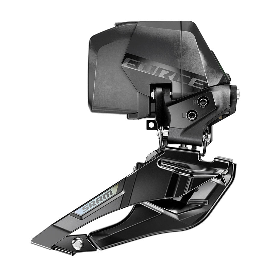SRAM Force AXS E1 front derailleur for road bikes, 12-speed braze-on design, mounted on a bicycle frame.