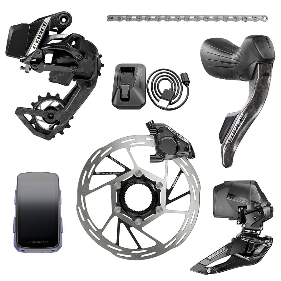 SRAM Force AXS E1 road bike electronic shifting system with Karoo kit, featuring sleek design and advanced gear technology.