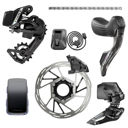 SRAM Force AXS E1 road bike electronic shifting system with Karoo kit, featuring sleek design and advanced gear technology.