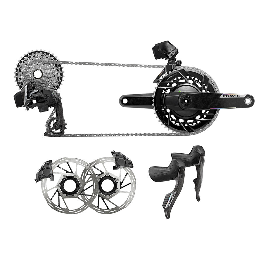 SRAM Force AXS E1 road bike shifters and derailleur with Karoo cycling kit, black and silver components on a bike.
