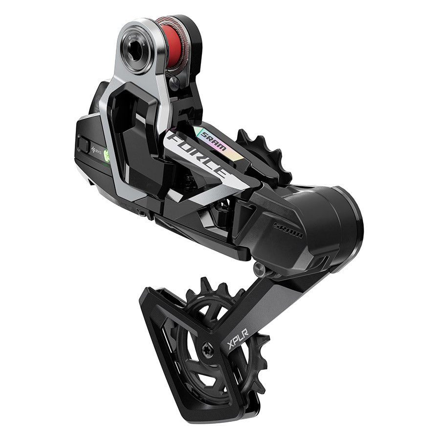 SRAM Force AXS XPLR E1 road rear derailleur with 13-speed black finish and sleek design for gravel and road cycling.