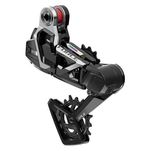 SRAM Force AXS XPLR E1 road rear derailleur with 13-speed black finish and sleek design for gravel and road cycling.