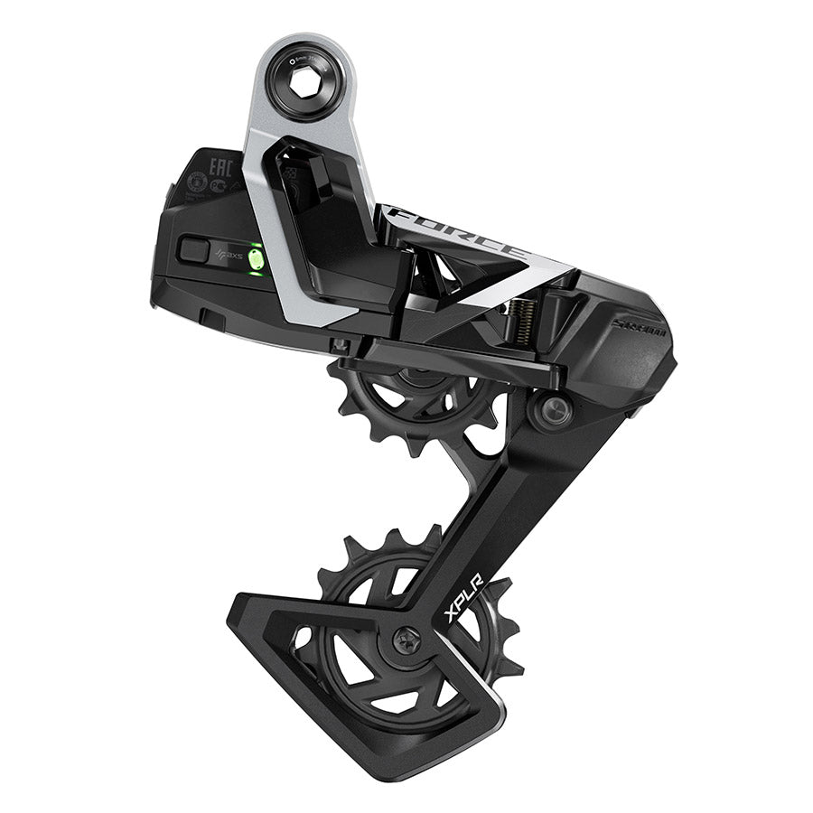 SRAM Force AXS XPLR E1 rear derailleur for road bikes, black, 13-speed, lightweight and durable for gravel and road cycling.