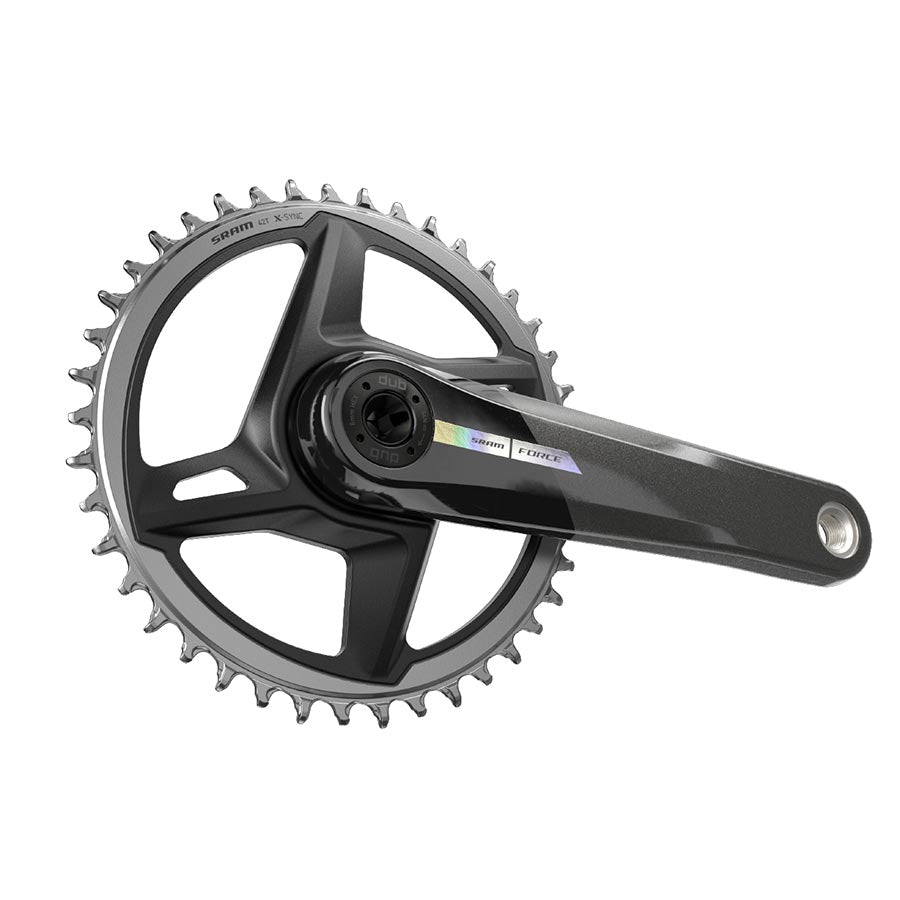 SRAM Force D2 1x Wide road and track crankset with 165mm black crank arms and disc compatibility, designed for high-performance cycling.