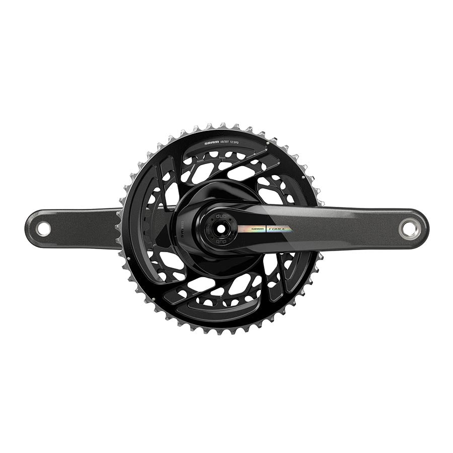 SRAM Force D2 2x road crankset with 48T and 35T chainrings, black DUB 165mm crankarms for road and track cycling.