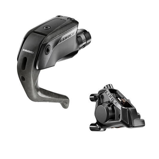 SRAM Force E1 Aero road hydraulic disc brake front flat mount in black with sleek design and mounting hardware visible