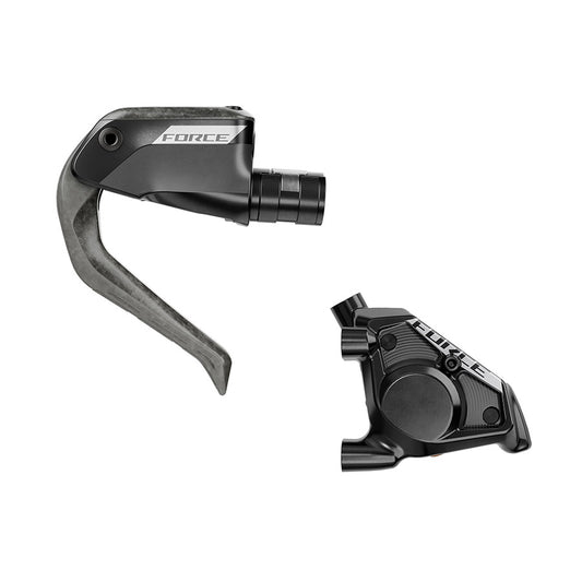 SRAM Force E1 Aero road hydraulic disc brake with black caliper and flat mount, front view, for high-performance cycling.