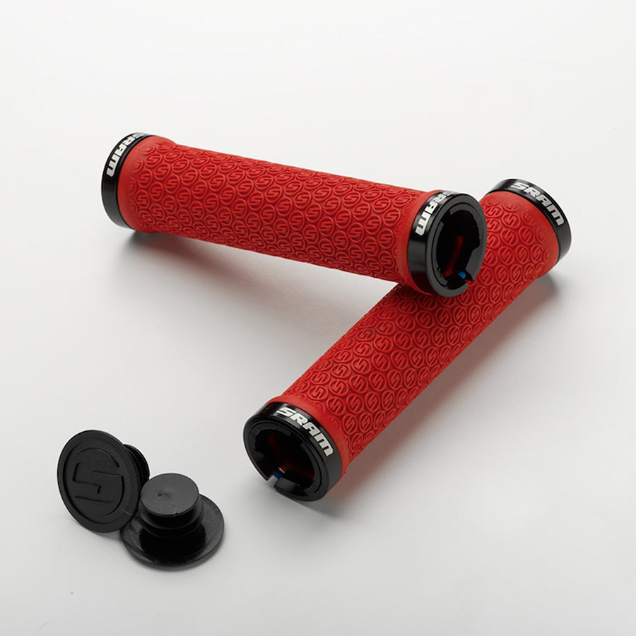 Pair of SRAM Lockring Grips in black, showing textured rubber surface for secure bike handlebar grip.