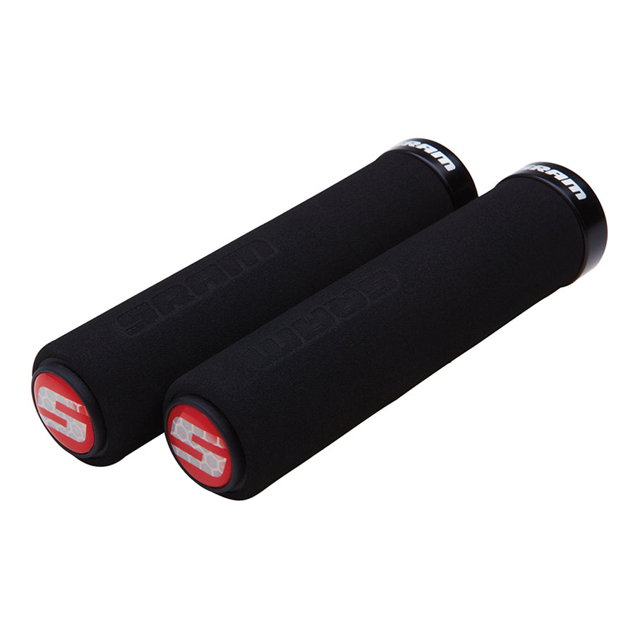 Pair of SRAM Foam Locking Grips in black with locking clamps, designed for bicycle handlebars for secure grip and comfort.