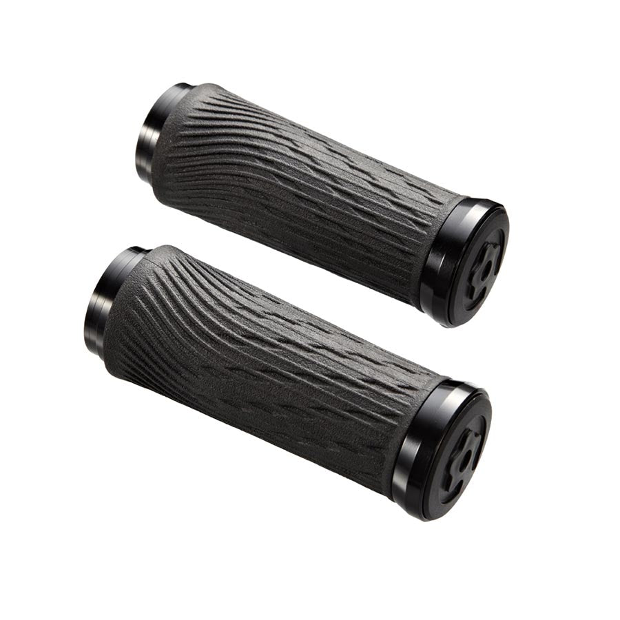 Black SRAM Grip Shift grips, 100mm pair, ergonomic handlebar grips designed for comfortable shifting on bicycles.