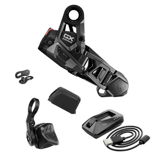 SRAM GX electronic upgrade kit with components for bike drivetrain upgrade, including electronic shifters and related parts.