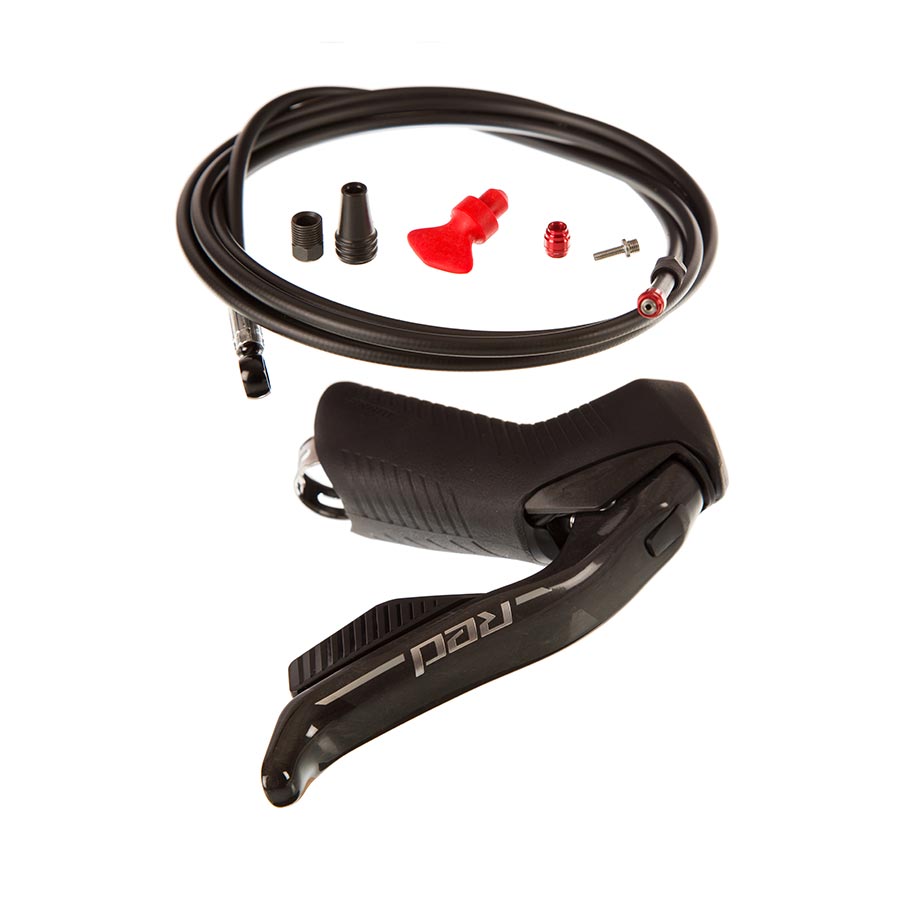 SRAM Red AXS E1 hydraulic road brake levers, left side, black and red, part of the exchange kit for high-performance cycling.