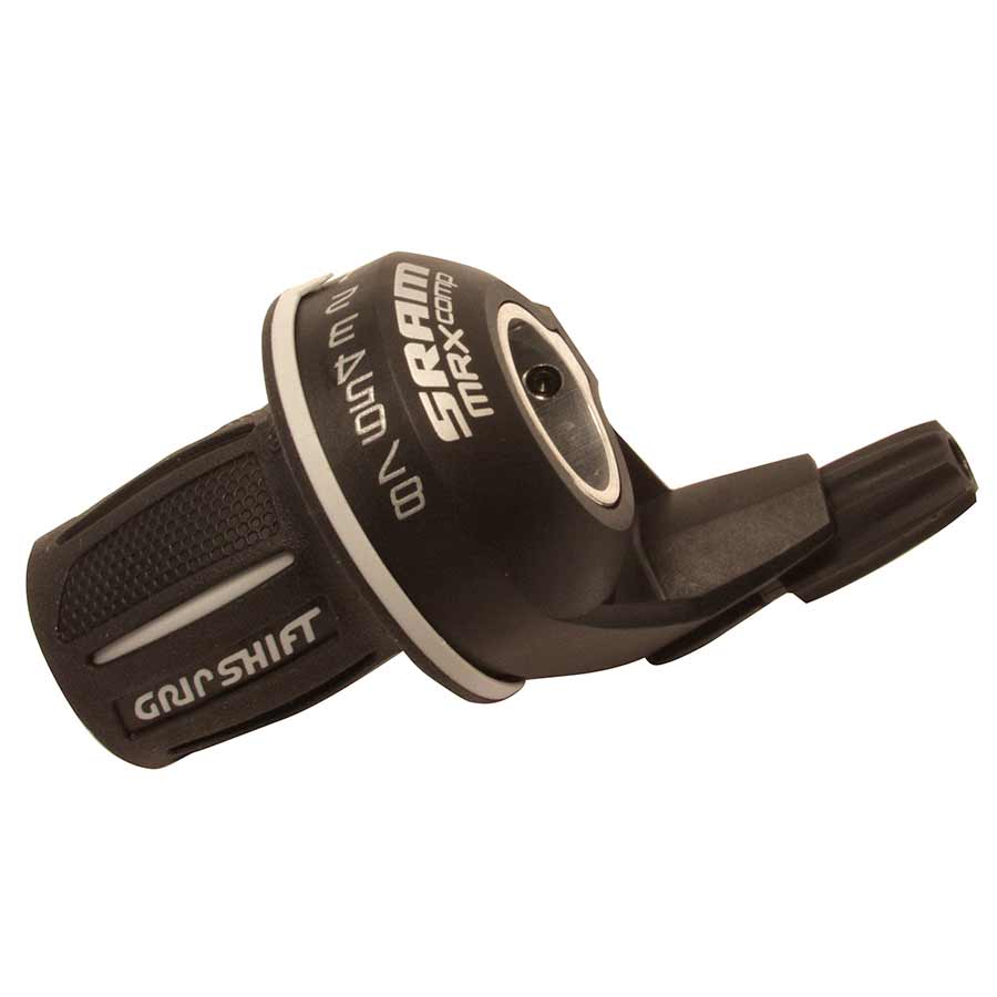 Pair of SRAM MRX Comp MTB twist shifters with black grips and gear indicator for 8-speed mountain biking.