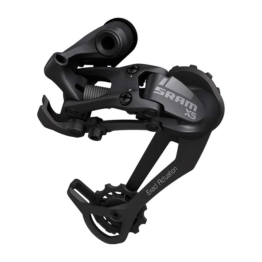 SRAM X5 10-speed MTB rear derailleur with long cage in black, designed for reliable gear shifting on mountain bikes