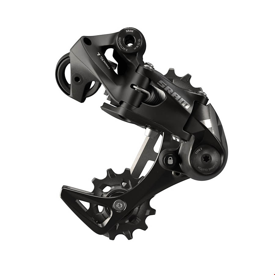 SRAM X01 DH rear derailleur for mountain biking, black short cage, durable MTB drivetrain component.