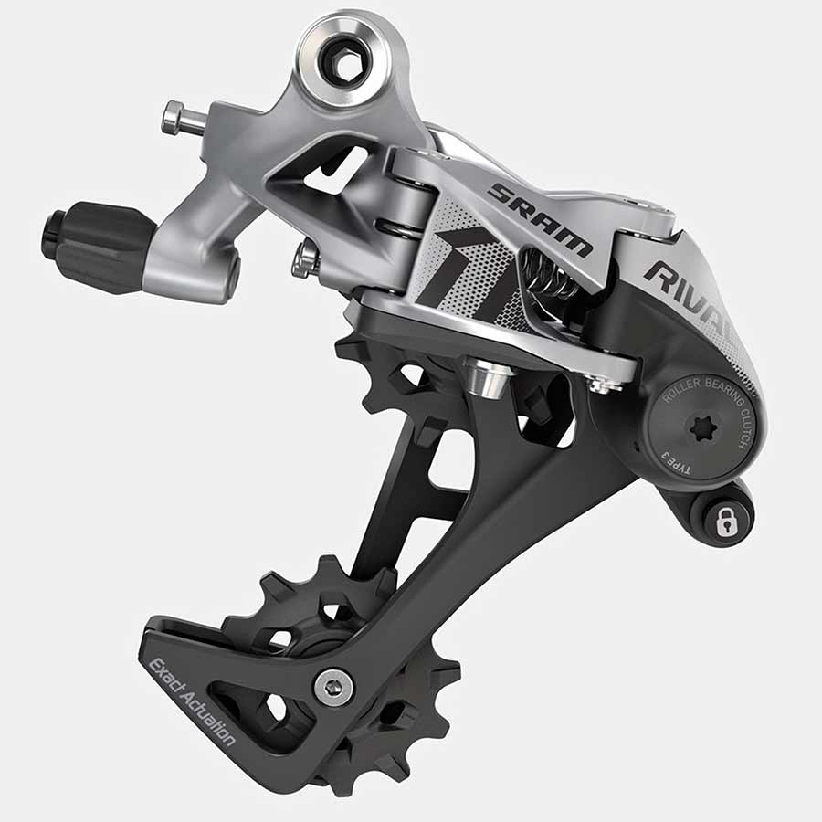 SRAM Rival1 Type 3.0 rear derailleur for road bikes, medium size, black finish, lightweight and durable cycling component.