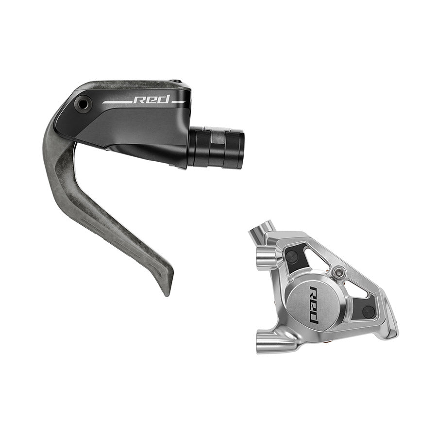 SRAM Red E1 Aero road hydraulic disc brakes front flat mount in black, designed for high-performance road bikes.
