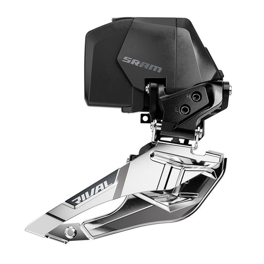 SRAM Rival AXS E1 road front derailleur with 12-speed braze-on design, designed for smooth gear shifting on road bikes.