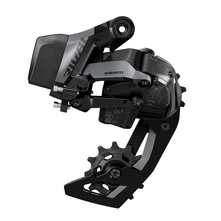 SRAM Rival AXS E1 rear derailleur for road bikes, 12-speed black derailleur with precise shifting for high-performance cycling.