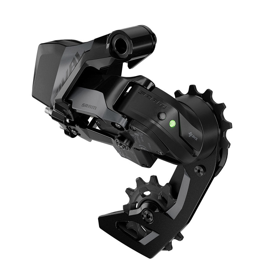 SRAM Rival AXS E1 rear derailleur for road bikes, black 12-speed Shimano compatible, showcasing sleek design and precision shifting.