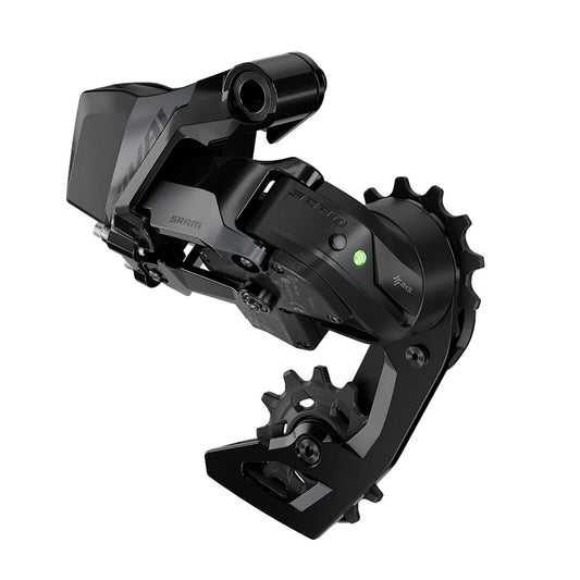 SRAM Rival AXS E1 rear derailleur for road bikes, black 12-speed Shimano compatible, showcasing sleek design and precision shifting.