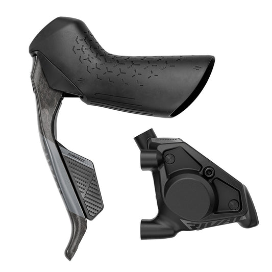 SRAM Rival AXS E1 road hydraulic disc brake caliper with left flat mount for bikes, showing sleek design and mounting details.
